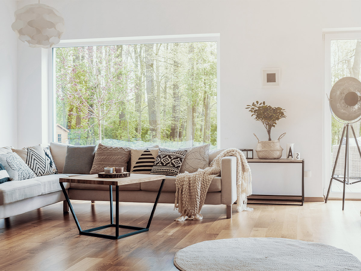 A boho family room with light, neutral walls.