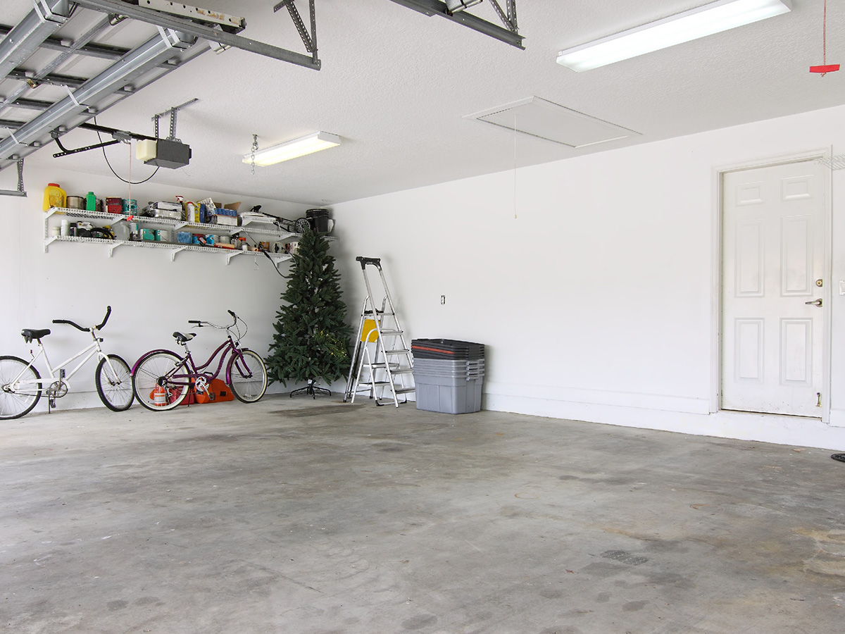 A clean garage with DIY shelves for organization