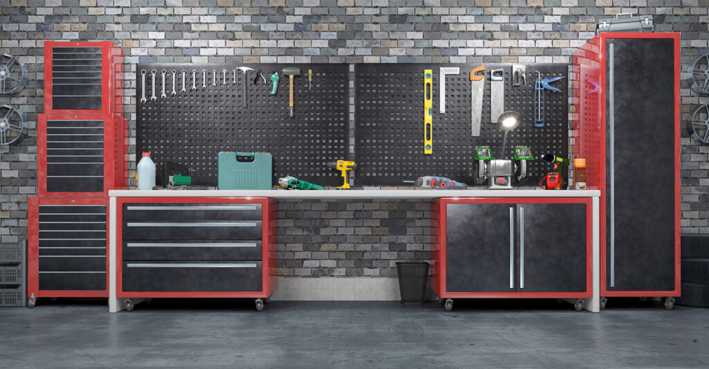 A garage with an organized tool selection
