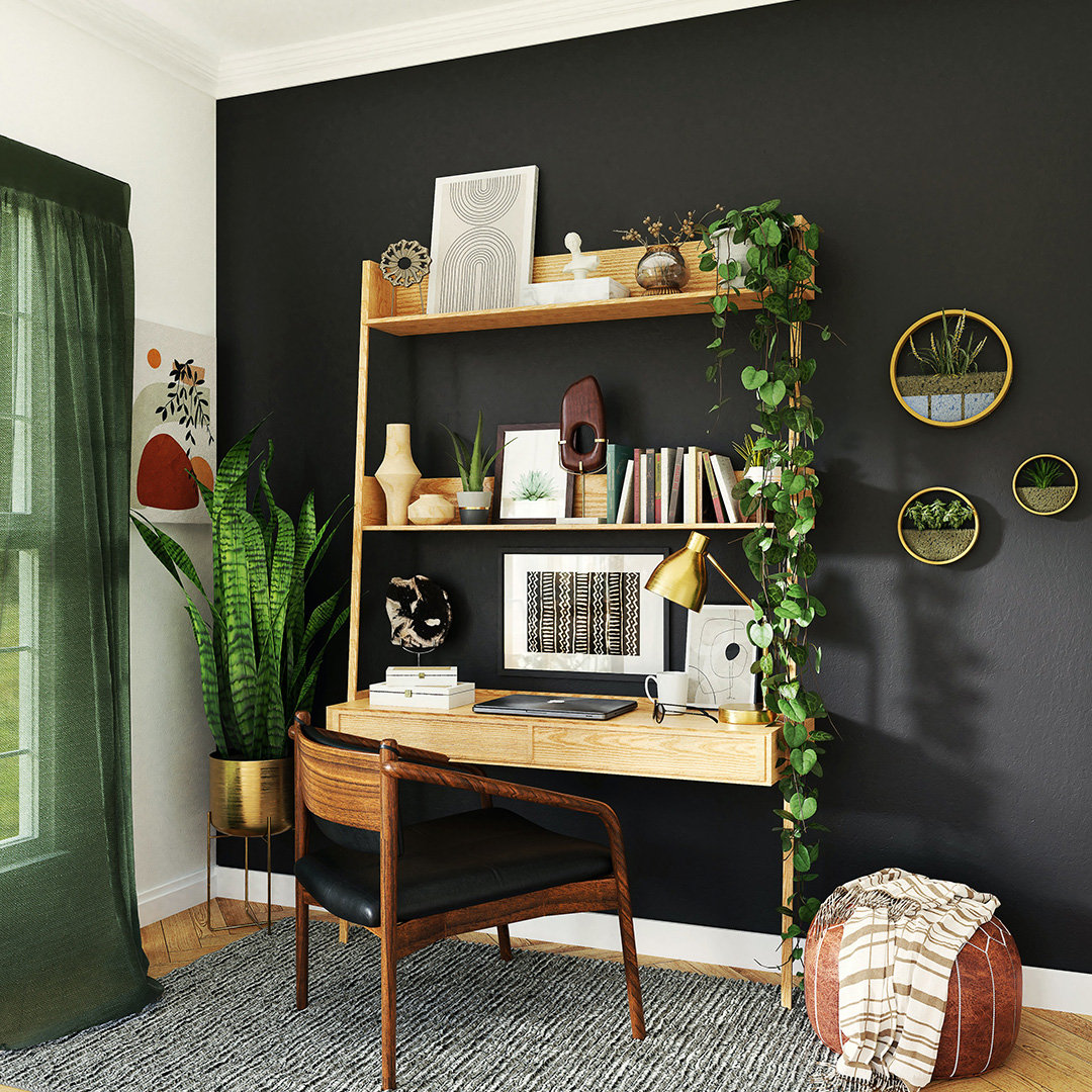 A charcoal accent wall in a living room